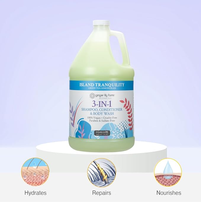 Ginger Lily Farms Botanicals 3-in-1 Shampoo, Conditioner & Body Wash, Island Tranquility, 100% Vegan & Cruelty-Free, Green Tea Lemongrass Scent, 1 Gallon (Pack of 4)