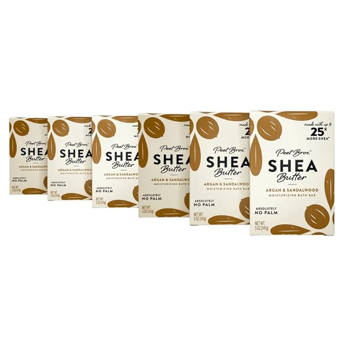 Peet Bros. Shea Butter Bar Soap - Argan & Sandalwood Moisturizing Soap Bar - Vegan, Palm Oil-Free Soap Bar - Up to 25x More Shea Butter - No Artificial Fragrances - Made in USA - 5 oz - Pack of 6