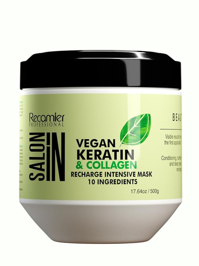 Salon In by Recamier - Vegan Keratin Hair Treatment Mask | Vegan Keratin & Collagen Hair Recharge Intensive Mask | Cruelty-Free | 17.6 oz / 500 g