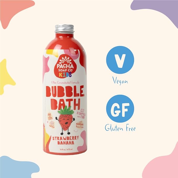 Pacha Soap Co. Kids Bubble Bath - Strawberry Banana, Ultra-Concentrated, Foaming, Tear-Free, SLS-Free, Moisturizing, Non-Toxic Kids Bath Set, Plant-Based & Vitamin-Rich, Made in The USA, 2-Pack