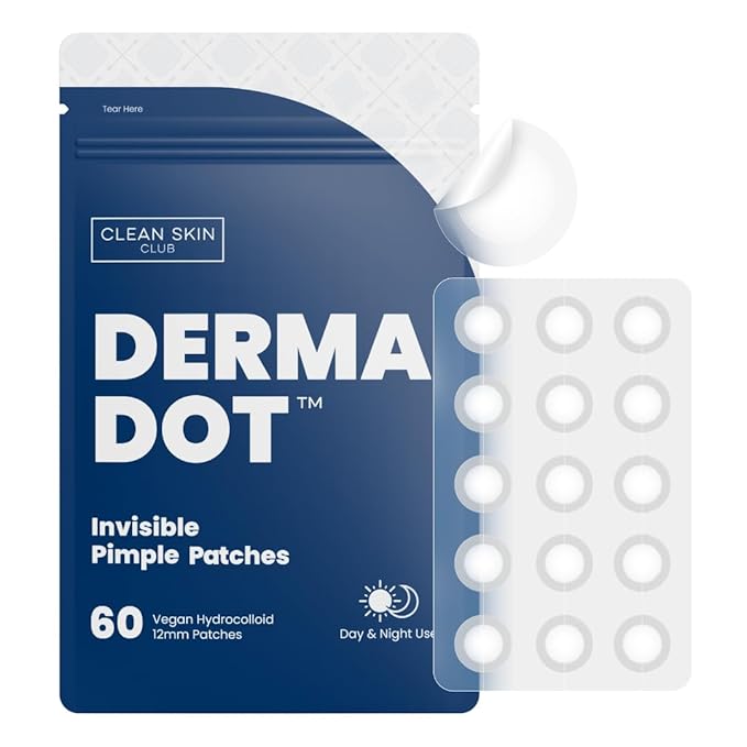 CLEAN SKIN CLUB 60 Invisible Vegan Pimple Patches, Derma Dot Hydrocolloid for Covering Zits, Blackhead, Blemish, Absorbing Face Cover Sticker, Skincare Treatment, Non Toxic Ingredients