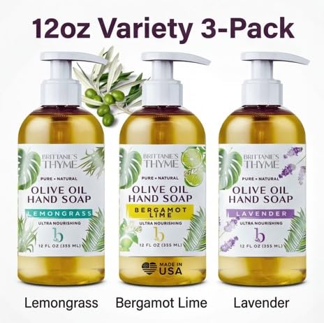 Brittanie’s Pure Castile Liquid Hand Soap Refill, Bergamot | Lavender | Lemongrass, 12 Ounce Pack of 3 | Dish Soap, Hair & Body, Home, Gentle & Pure, Natural Luxurious Oils, Vegan & Gluten Free