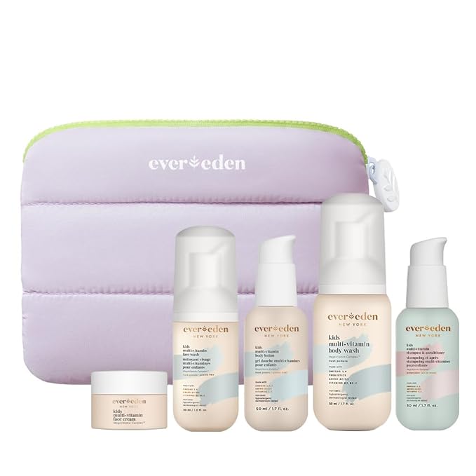 Evereden Kids Travel Essentials Set: Clean & Vegan 5-Piece Skin Care Travel Set for Kids | Body Wash, Lotion, Face Wash, Cream, 2-in-1 Shampoo & Conditioner | TSA-approved | Travel Size Toiletries