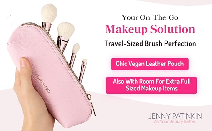 Jenny Patinkin Luxury Sustainable Mini Dual-Ended Makeup Brush Set, 4 Piece Professional & Travel Makeup Brushes with Case, Vegan, Cruelty-Free Brush Kit for Face and Eyes, Eco Friendly, On-The-Go Use
