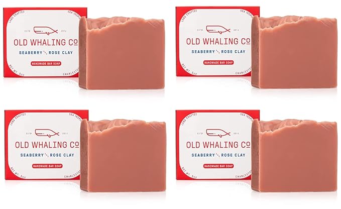 Old Whaling Co Seaberry and Rose Clay Handmade Bar Soap 4 Pack – Face, Hand and Body Wash - Moisturizing Olive Oil Bath Soap – Raspberry, Orange, Plum and Vanilla Scent, 5 oz Each