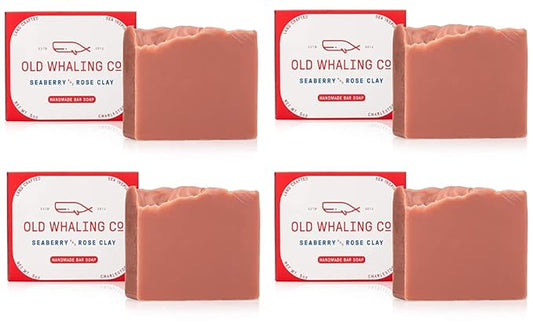 Old Whaling Co Seaberry and Rose Clay Handmade Bar Soap 4 Pack – Face, Hand and Body Wash - Moisturizing Olive Oil Bath Soap – Raspberry, Orange, Plum and Vanilla Scent, 5 oz Each