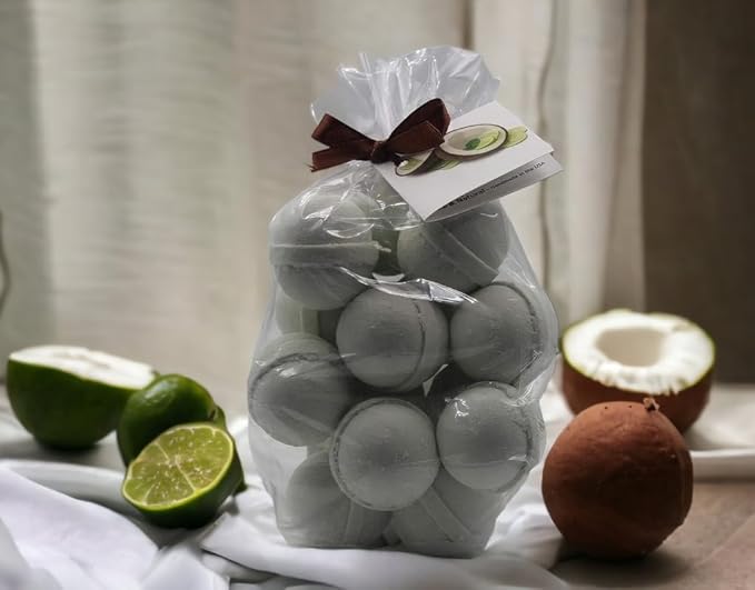 Bath Bombs 14 Set 1 oz/ea, Natural & Organic USA Handmade | Infused Essential Oils | Nourishing Shea & Coco Butter | Relaxing Aromatherapy | Vegan & Cruelty-Free, Skin Friendly - Coconut Lime Verbena