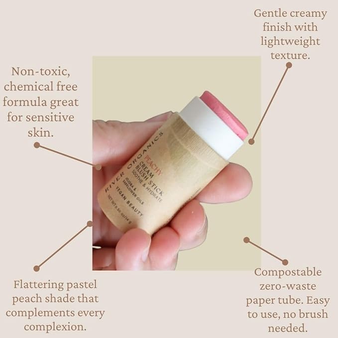 Vegan Blush Stick - Hydrating, Multi-Use Cream Blush for Cheeks, Natural, Organic ingredients, Plastic-free packaging | River Organics 0.50 oz. (Peachy)