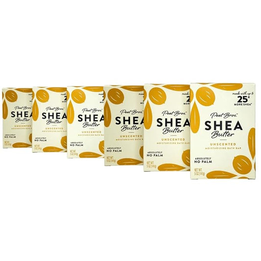 Peet Bros. Shea Butter Bar Soap - Unscented Moisturizing Soap Bar - Vegan, Palm Oil-Free Soap Bar - Up to 25x More Shea Butter - Fragrance Free Soap - Made in USA - 5 oz - Pack of 6