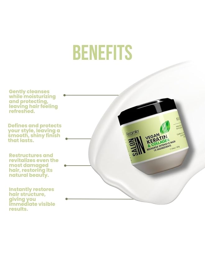 Salon In by Recamier - Vegan Keratin Hair Treatment Mask | Vegan Keratin & Collagen Hair Recharge Intensive Mask | Cruelty-Free | 17.6 oz / 500 g