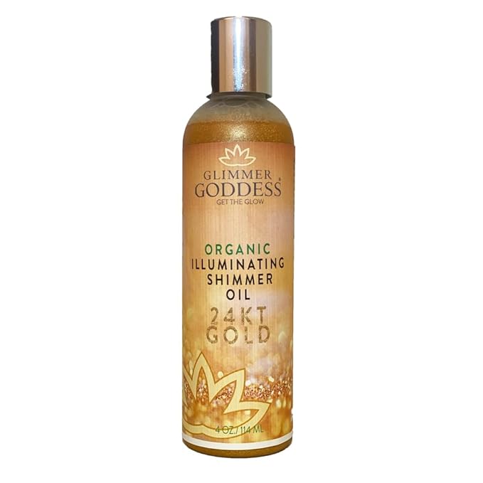 GLIMMER GODDESS Organic Illuminating Shimmer Body & Face Oil – 24K Gold – Hydrating Vegan Formula for Radiant Glow – 4 oz