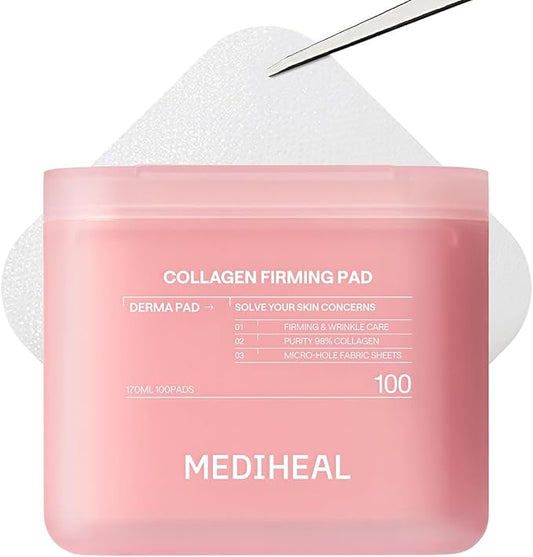 MEDIHEAL Toner Pads [Collagen] Skin Firming- Contains 98% Low-Molecular Collagen with Retinol & Peptides for Firming Care - Helps Restore Skin Elasticity - Vegan Moisturizing Fabric (100 Count)