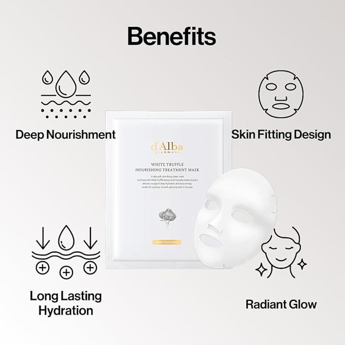 d'alba Piedmont Italian White Truffle Nourishing Mask 5pcs, Vegan Skincare, Nourishing Sheet Mask for Dry and Tired Skin, Deep Hydration, Korean Skin Care (5 Sheets)