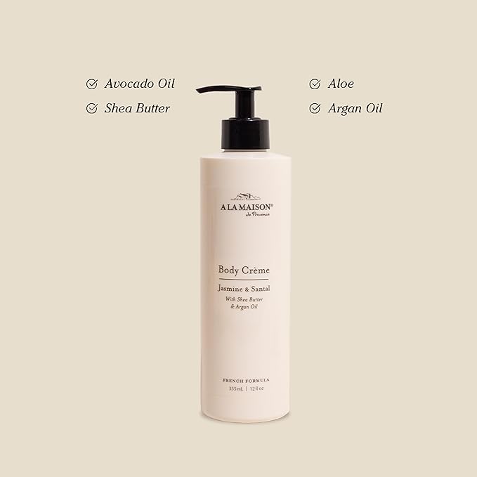 A LA MAISON Body Crème – Jasmine & Santal – Shea Butter Body Lotion with Argan & Avocado Oils – Rich, Nourishing French Formula for Dry Skin – 12 oz – Amber Collection