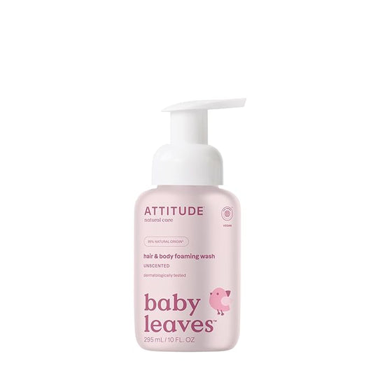 ATTITUDE 2-in-1 Hair and Body Foaming Baby Wash, EWG Verified Shampoo Soap, Dermatologically Tested, Made with Naturally Derived Ingredients, Vegan, Unscented, 10 Fl Oz