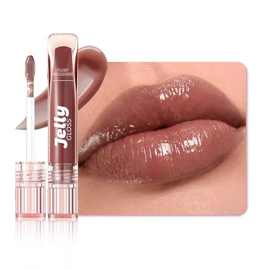 Jelly Lip Gloss, Soft Lip Tint, Instantly creates a Sheer Glass-like Shine, Cool Blue Red Rose Mocha Bean Chocolate Brown Colors, Smoothing, Moisturizing, Plump and Hydrated (B04)