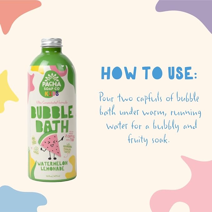 Pacha Soap Co. Kids Bubble Bath, Watermelon Lemonade - Tear-Free, Dye and SLS-Free, Ultra-Concentrated, Foaming, Plant-Based, Vegan, Vitamin-Rich, Non-Toxic, Recyclable, Made in The USA, 2-Pack