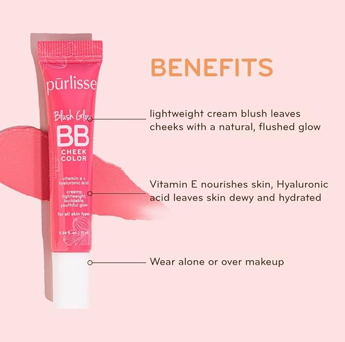 pūrlisse Blush Glow BB Cheek Color - Dewy Liquid Blush for Cheeks - Enriched with Vitamin E & Hyaluronic Acid - Creamy, Lightweight & Buildable - Hydrating & Nourishing - Petal Pink (0.34 Fl oz)