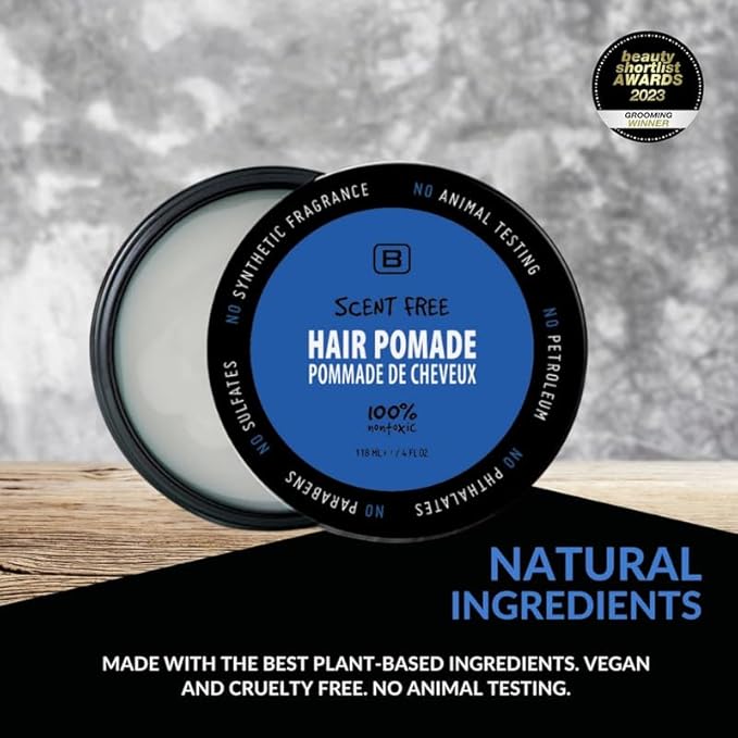 Scent Free Medium Hold Vegan Pomade for Men - EWG VERIFIED, Water Based All Natural Flake Free for All Day Hold and Hairstyles