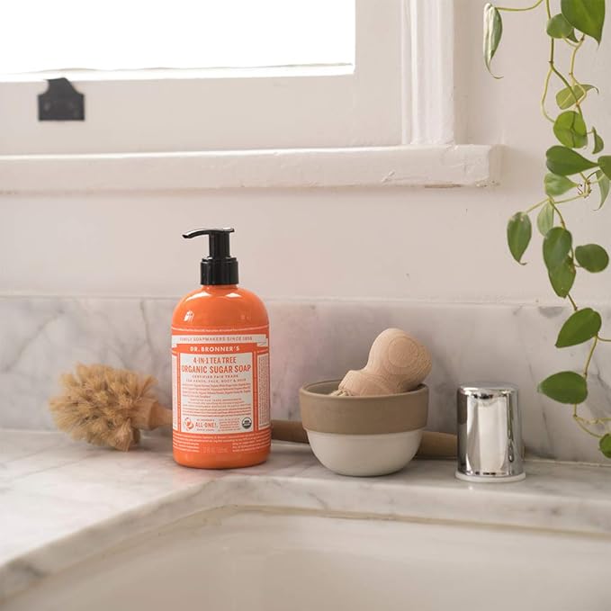 Dr. Bronner's - Organic Sugar Soap (Tea Tree, 12 Ounce) - Made with Organic Oils, Sugar and Shikakai Powder, 4-in-1 Uses: Hands, Body, Face and Hair, Cleanses, Moisturizes and Nourishes, Vegan