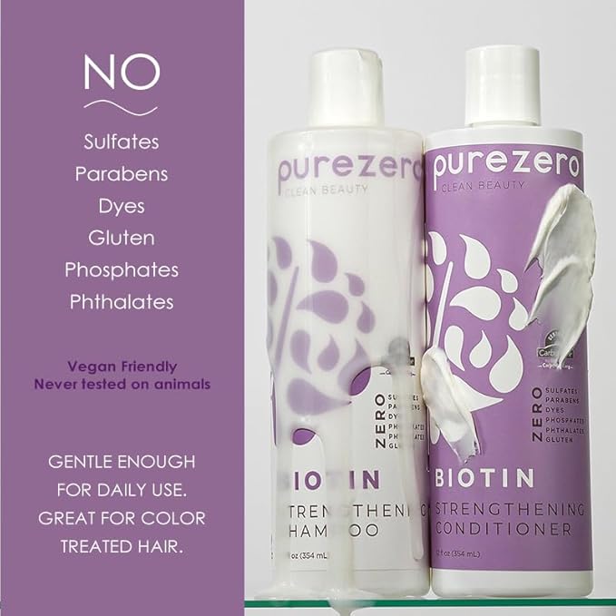 Purezero Biotin Shampoo & Conditioner Set - Anti Thinning Formula - Volumizing, Thicker, Fuller Hair - Zero Sulfates, Parabens, Dyes, Gluten - 100% Vegan & Cruelty Free (12 Fl Oz (Pack of 2))