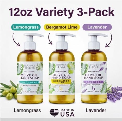 Brittanie’s Pure Castile Liquid Hand Soap Refill, Bergamot | Lavender | Lemongrass, 12 Ounce Pack of 3 | Dish Soap, Hair & Body, Home, Gentle & Pure, Natural Luxurious Oils, Vegan & Gluten Free