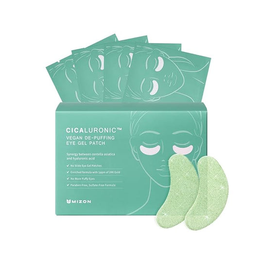 MIZON Cicaluronic Vegan De-puffing Eye Gel Patch, 24K Gold & Cica Under Eye Mask, Reduces Puffy Eyes, Dark Circles and Wrinkles Excellent for on the Go Package (21 pairs)