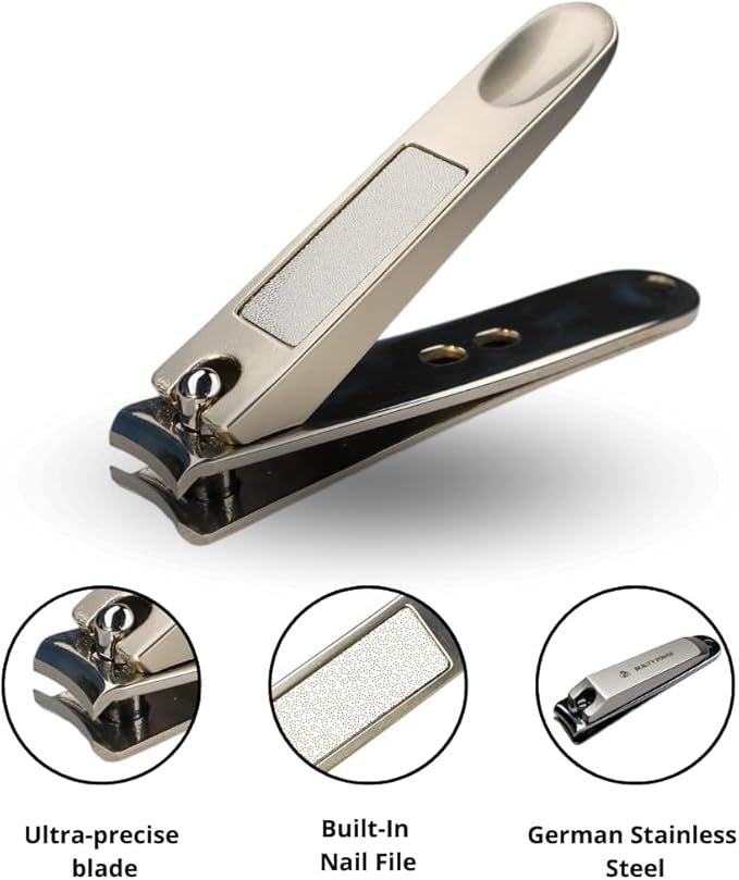 Nail Clippers Set 3 in 1 - Stainless Steel Toe Nail Clippers, Fingernail Clipper, Glass Nail File, Anti Splash, Ergonomic Grip in Black PU Leather Travel Case for Men & Women - Gift Idea