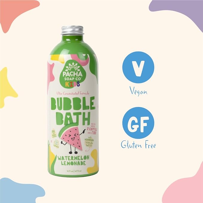 Pacha Soap Co. Kids Bubble Bath, Watermelon Lemonade - Tear-Free, Dye and SLS-Free, Ultra-Concentrated, Foaming, Plant-Based, Vegan, Vitamin-Rich, Non-Toxic, Recyclable, Made in The USA, 2-Pack