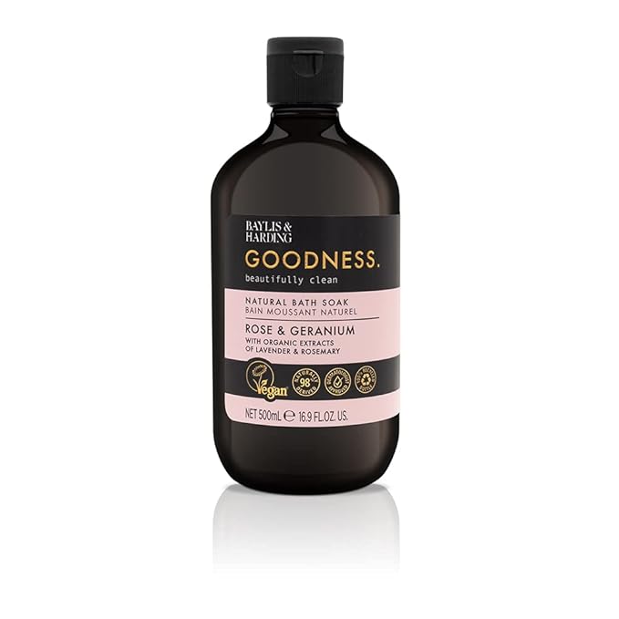 Baylis & Harding Goodness Rose & Geranium Natural Bath Soak 16.9 fl. oz (Pack of 3) - Biodegradable Formula - Vegan Friendly