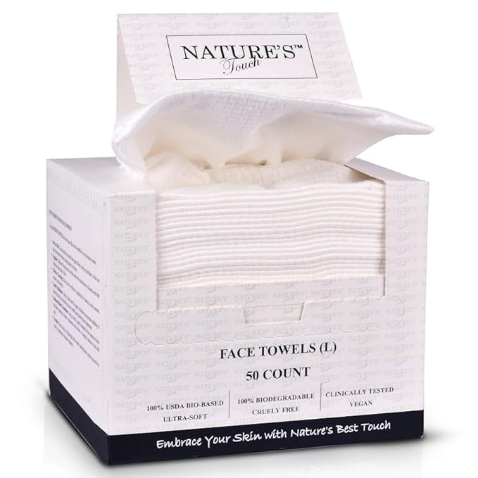 Nature’s Touch Face Towels, Biodegradable Viscose, 100% USDA Biobased, Disposable Face Towelette, Ultra Soft, Vegan, OEKO-TEX Certified, Travel, Skincare, Beauty Routine Use, 10"x12", Pack of 1, 50 Ct