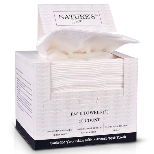 Nature’s Touch Face Towels, Biodegradable Viscose, 100% USDA Biobased, Disposable Face Towelette, Ultra Soft, Vegan, OEKO-TEX Certified, Travel, Skincare, Beauty Routine Use, 10"x12", Pack of 1, 50 Ct