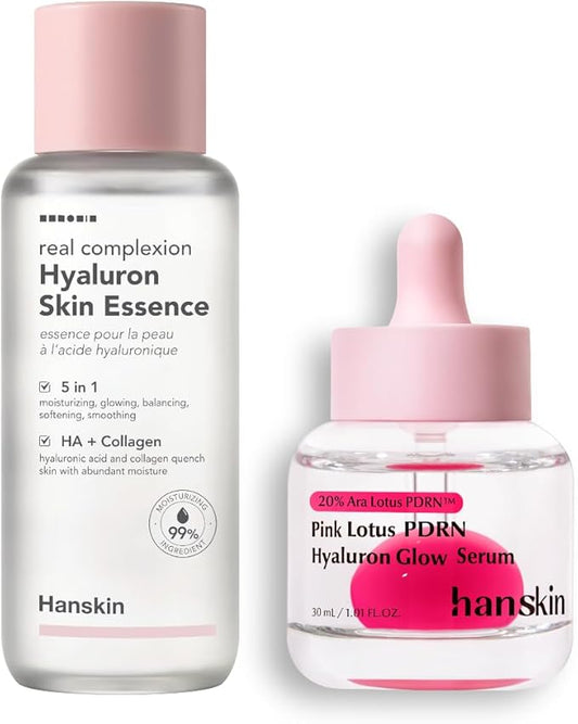 Hanskin PDRN Glow Prep Duo – Hyaluron Essence Toner & Pink Lotus Vegan PDRN Serum | 2-Step Hydration, Plumping & Radiance Boost Routine for Glass Skin | Korean Skincare Set