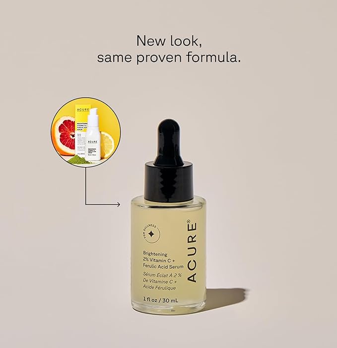 Acure Brightening 2% Vitamin C & Ferulic Acid Serum - Vit C Serum for Face, Anti Aging, Bright Glow for Women & Men, Facial Skincare, Vegan & Cruelty Free - 1 fl oz (2 Pack)