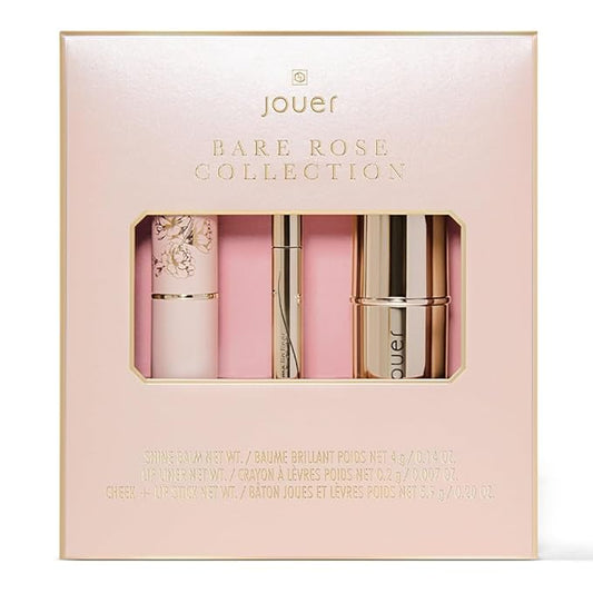 Jouer Bare Rose Collection - Blush Stick, Cream Lip Liner, Lip Plumping Balm Kit - Face Makeup in Rose Shades - Hydrating Formulas for Long Wear
