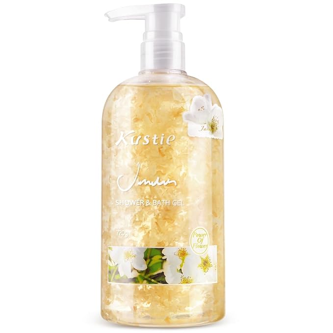 Kustie Jasmine Body Wash Deep Moisturizing Shower Gel - Real Petals, Hyaluronic Acid, Niacinamide & Squalane, Rich Lather, Long-Lasting Natural Scent for Dry & Sensitive Skin, 24.3 fl oz