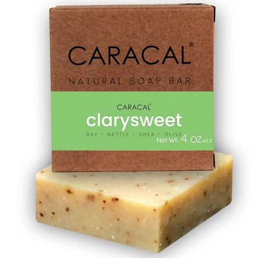 CARACAL Clarysweet Vegan Herbal Natural Soap Bar for Men Women, Strong Woodsy Bay Laurel, Clary Sage, Nettle, Olive, Castor Oils & Shea Butter