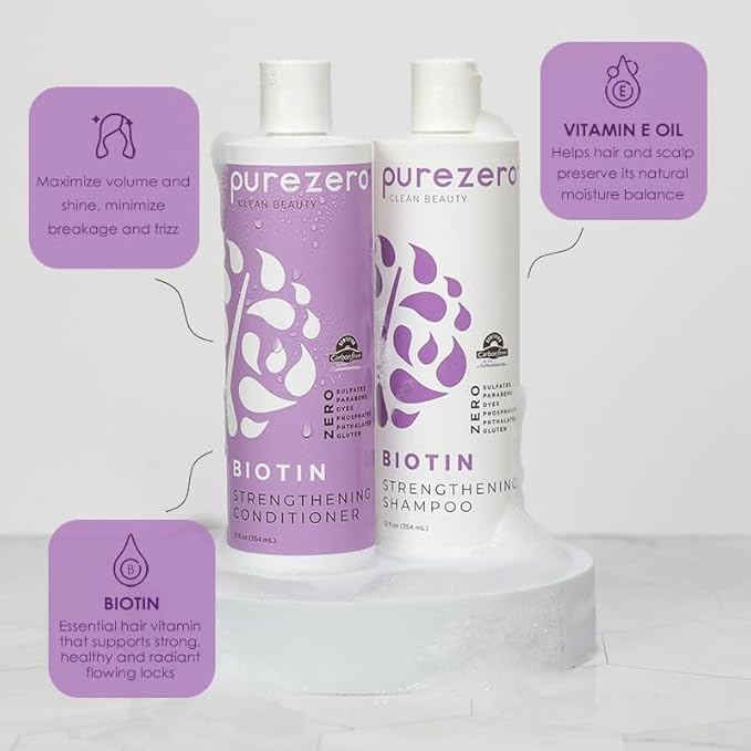 Purezero Biotin Shampoo & Conditioner Set - Anti Thinning Formula - Volumizing, Thicker, Fuller Hair - Zero Sulfates, Parabens, Dyes, Gluten - 100% Vegan & Cruelty Free (12 Fl Oz (Pack of 2))