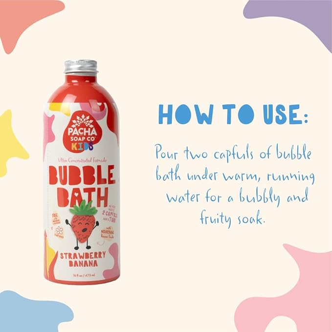 Pacha Soap Co. Kids Bubble Bath - Strawberry Banana, Ultra-Concentrated, Foaming, Tear-Free, SLS-Free, Moisturizing, Non-Toxic Kids Bath Set, Plant-Based & Vitamin-Rich, Made in The USA, 2-Pack