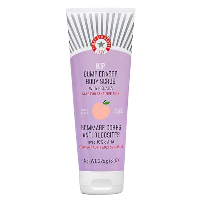 First Aid Beauty - KP Bump Eraser Body Scrub with 10% AHA, Keratosis Pilaris Exfoliator with Glycolic and Lactic acids, Helps Reduce Chicken Skin Bumps, Safe for Sensitive Skin, Peach Scent (2 oz)