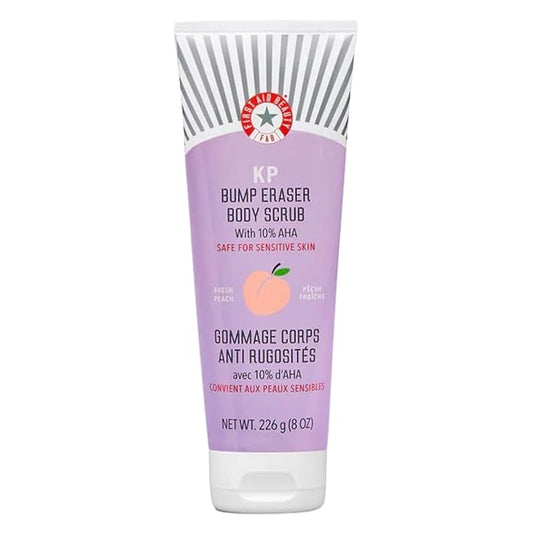 First Aid Beauty - KP Bump Eraser Body Scrub with 10% AHA, Keratosis Pilaris Exfoliator with Glycolic and Lactic acids, Helps Reduce Chicken Skin Bumps, Safe for Sensitive Skin, Peach Scent (2 oz)
