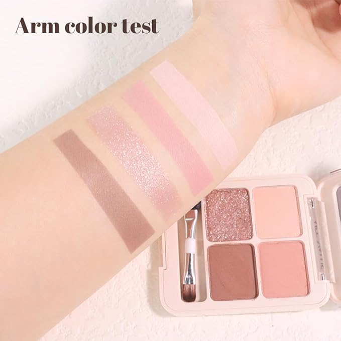 Pink Purple Brown 4Colors Eyeshadow Makeup Palette with Brush Mirror,Natural Neutral Powde Eye Shadow Palettes for Older Women,Long Lasting Naturing-Looking,Lightweight Eye Makeup Kit Travel Size