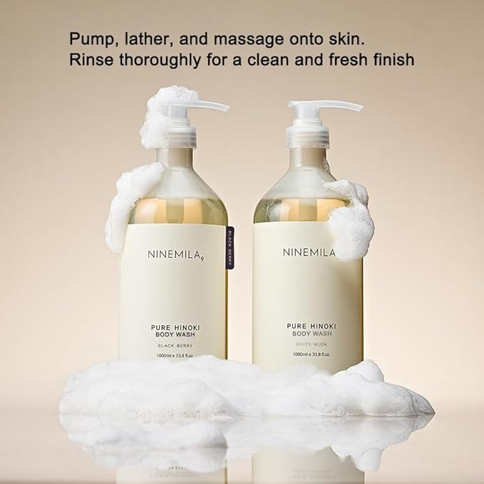 NINEMILA Pure Hinoki Body Wash, White Musk, 1000ml(33.8 fl oz) Family Size – Gentle Daily Body Cleanser for a Calm, Spa-Like Shower Experience