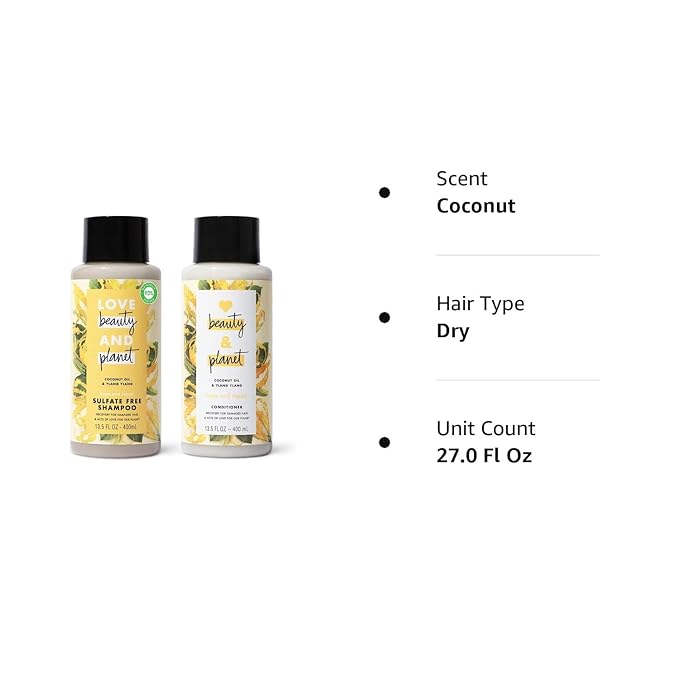 Love Beauty and Planet Coconut Oil & Ylang Hope and Repair Shampoo and Conditioner for Dry and Damaged Hair 2 Count, 13.5 oz each, Paraben , Silicone Free, Vegan