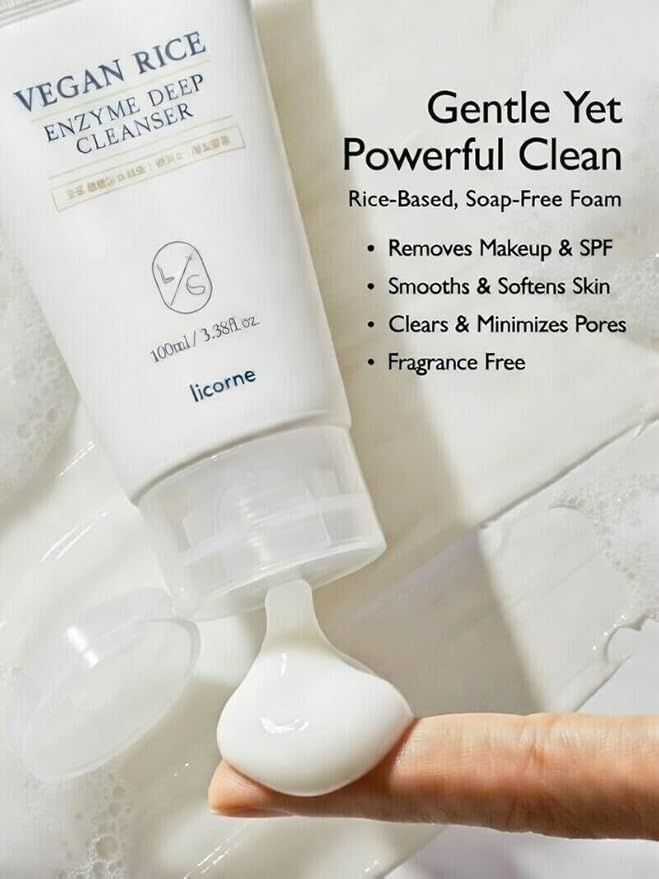 LICORNE Vegan Rice Enzyme Purifying Cleanser (3.38 fl oz) - Exfoliating Face Wash for Pores & Blackheads - Korean Rice Water Foam Cleanser - Deep Pore Purifying & Makeup Remover for Radiant Glow
