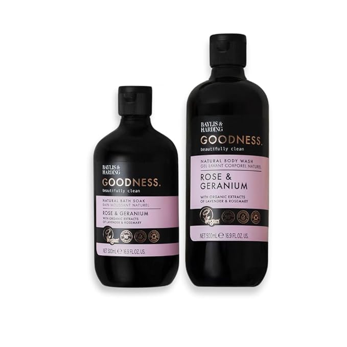 Baylis & Harding Goodness Body Wash, Rose & Geranium Scent. Natural Body Wash & Bath Soak Set, 98% Naturally Derived, Dermatologist Approved, Vegan.