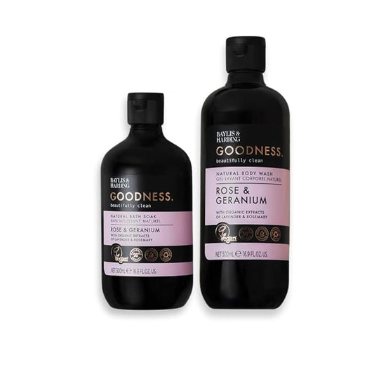 Baylis & Harding Goodness Body Wash, Rose & Geranium Scent. Natural Body Wash & Bath Soak Set, 98% Naturally Derived, Dermatologist Approved, Vegan.