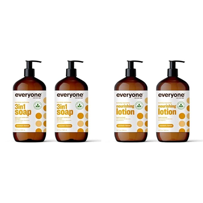 Everyone 3-in-1 Soap, Body Wash, Bubble Bath, Shampoo (32 Ounce) and Hand and Body Lotion (32 Ounce) Bundle - Coconut and Lemon