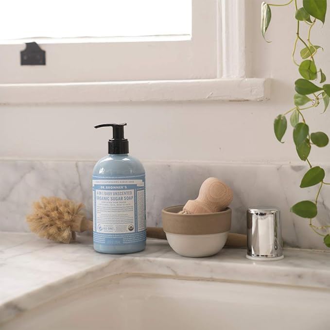 Dr. Bronner's Organic Sugar Soap (Baby Unscented, 12 Ounce) - Made with Regenerative Certified Organic Oils, Sugar & Shikakai Powder, 4-in-1 Use: Hands, Body, Face and Hair- Liquid Soap, Nourishes