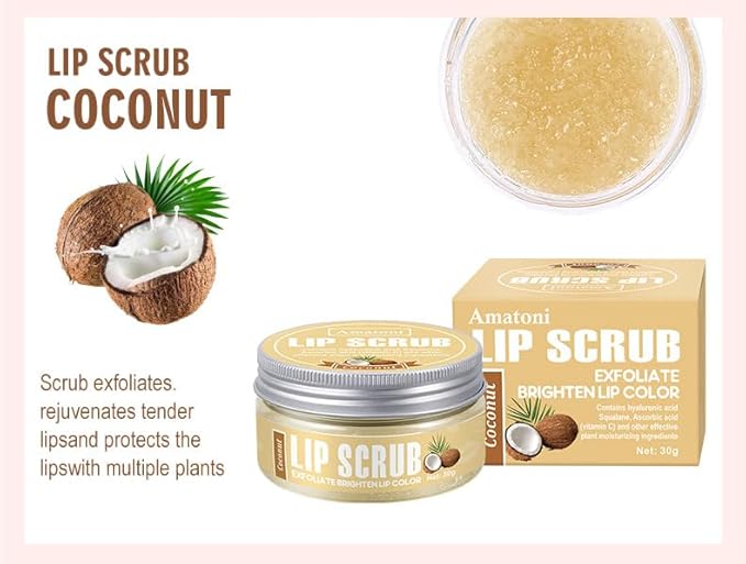 4-Color Fruit-Flavored Lip Scrub for Dry, Cracked & Dark Lips – Exfoliating & Moisturizing Lip Care with Organic Ingredients, Lip Brush – Vegan, Cruelty-Free (20g) (Coconut flavor, 1PC)
